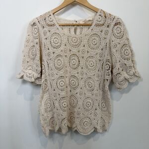 Solitaire Top Women Medium Beige Bohemian Crochet Cottagecore Grandma Blouse